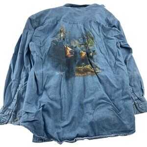 Vintage Outrageous Sports Denim Shirt Bear Design Mens sz Medium Long Sleeve